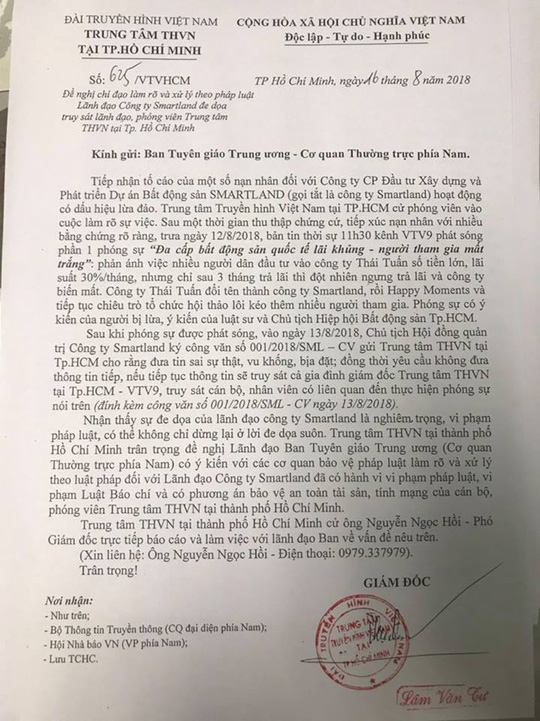 Vụ đe dọa truy sát lãnh đạo, nhân viên VTV9: Smartland không nói suông?