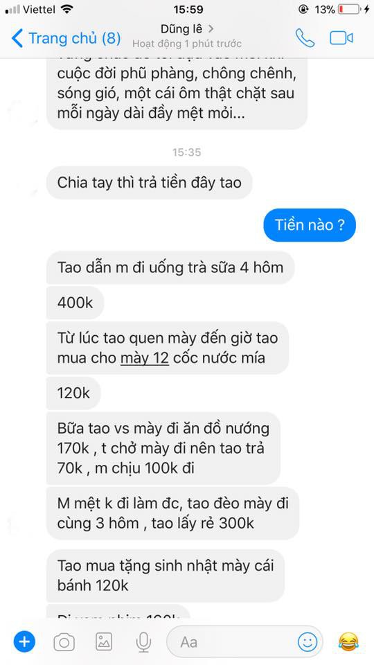 Người yêu cũ sòng phẳng nhất năm: Chia tay nhắn tin đòi tiền bạn gái từ cốc trà đá 6k tới 2k tiền gửi xe