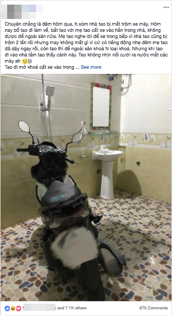 Ông bố sợ bị trộm đột nhập nên dắt xe máy cất hẳn trong... nhà tắm, nhưng dân mạng lại chỉ chú ý đến điều này