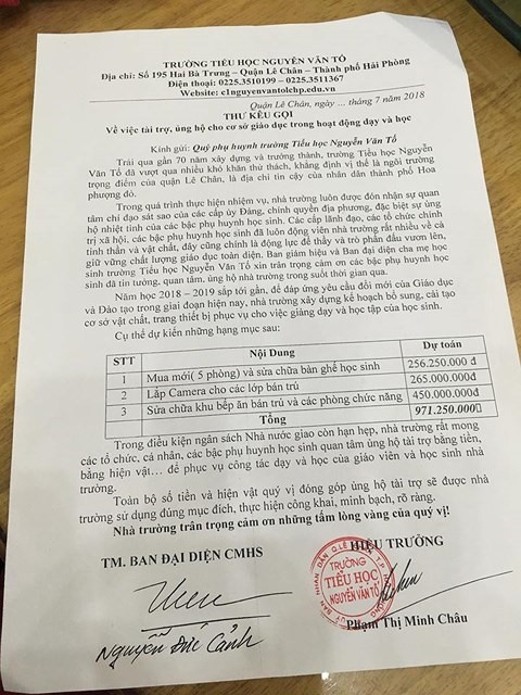 Xác minh thông tin nhà trường kêu gọi phụ huynh tài trợ gần 1 tỷ đồng