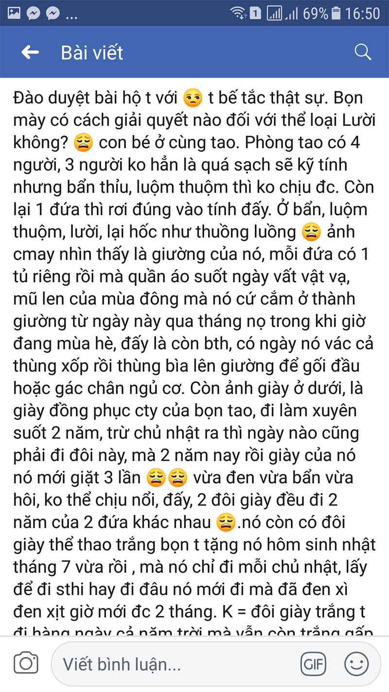 Cô gái lên mạng nhờ 500 anh em bày cách trị cao thủ ở bẩn cùng phòng: Quần áo mặc mấy ngày không giặt, 2 năm đánh đôi giày trắng được 3 lần
