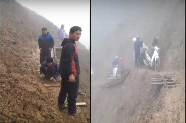 Sốc với hình ảnh giáo viên tự sửa đường cheo leo giữa vách núi đi gieo chữ