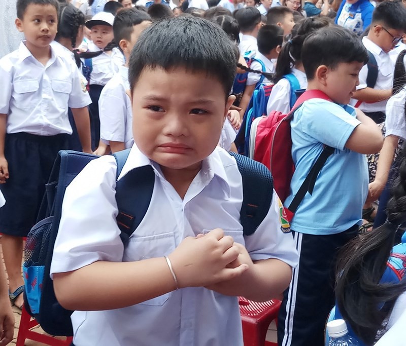 Học sinh lớp 1 mếu máo trong ngày đầu tựu trường