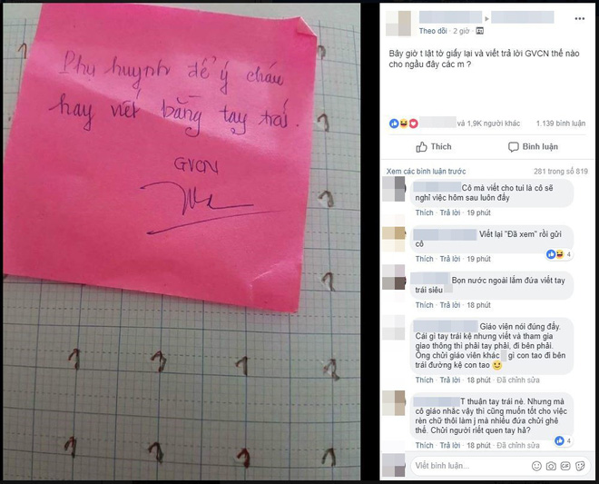Chỉ một tờ giấy nhắn của cô giáo, dân mạng tranh cãi nảy lửa: Trẻ lớp 1 nên viết tay trái hay tay phải?