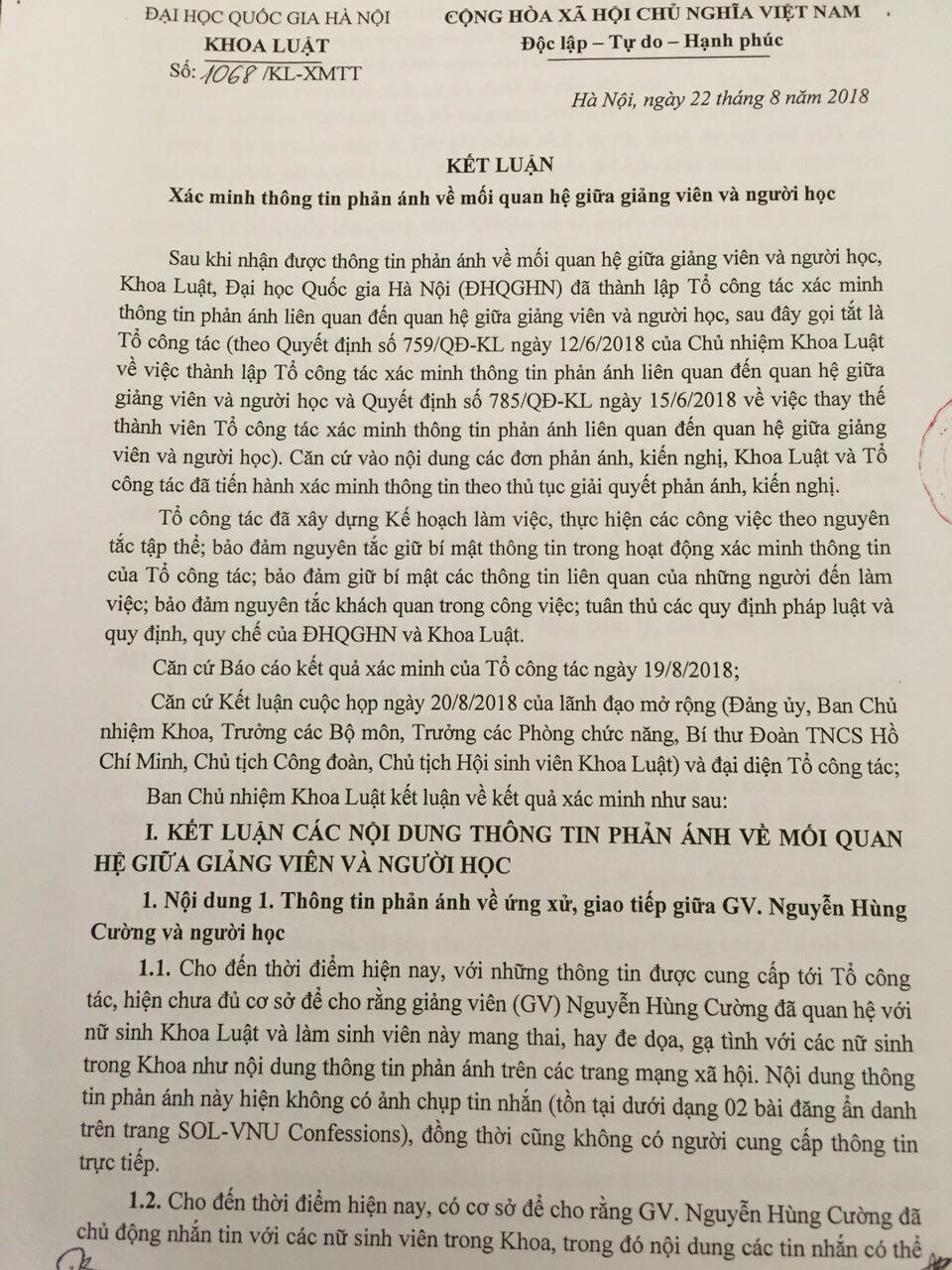 Đã có kết luận vụ việc nam giảng viên khoa Luật bị hàng loạt sinh viên tố gạ gẫm, bớt xén giờ dạy