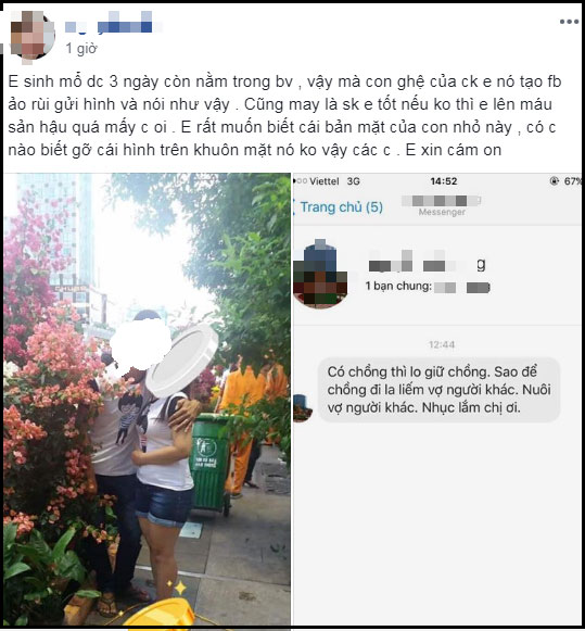 Vợ mới sinh mổ 3 ngày, bồ nhí của chồng đã gửi ảnh tình tứ thách thức: Có chồng thì lo mà giữ đi