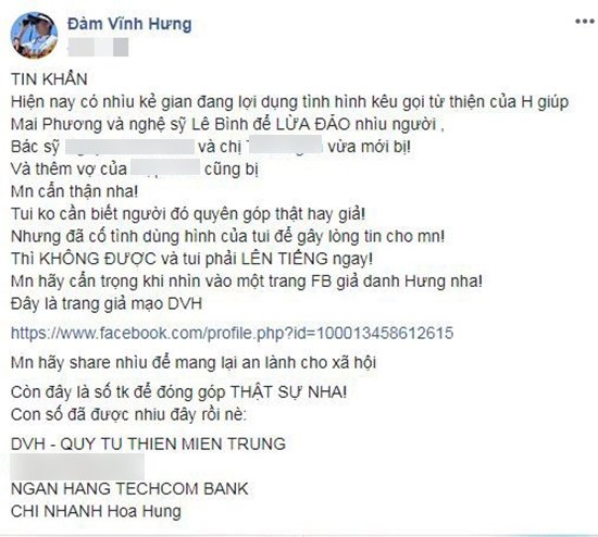 Đàm Vĩnh Hưng về tận nhà kẻ giả mạo Facebook để lừa tiền ủng hộ Mai Phương