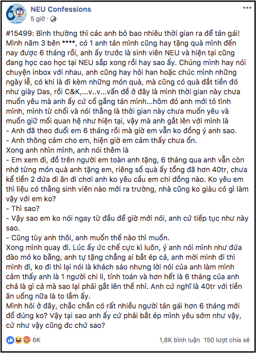 Đi ăn đi chơi suốt 6 tháng, nhận hơn 40 triệu tiền quà nhưng vẫn chưa muốn yêu, nữ sinh khiến dân tình nóng máu