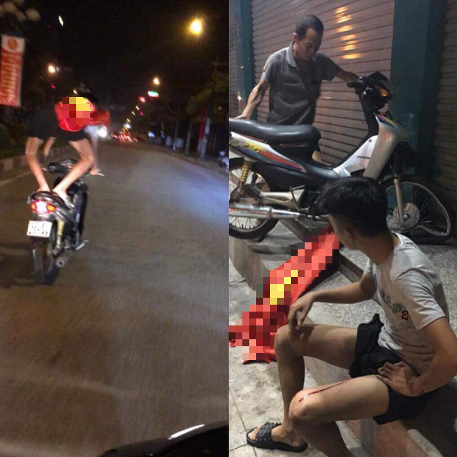 Clip: Thanh niên chở bạn gái bốc đầu xe máy mừng đội nhà thắng tứ kết ASIAD rồi ngã sấp mặt giữa đường