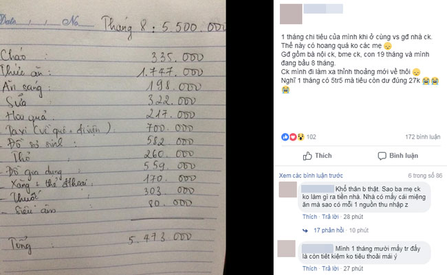 Tổng thu 5,5 triệu chi tiêu nhà 5 người, cuối tháng chốt sổ còn dư 27 nghìn, mẹ bầu hoang mang, chị em khen quá giỏi