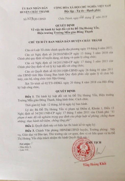 Cách chức Hiệu trưởng cắt xén tiền ăn sáng của trẻ mầm non ở Hậu Giang