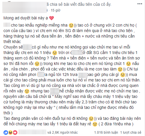 Cô gái cho họ hàng ở nhờ, ăn chung tại Sài Gòn với mức góp 500 nghìn/tháng còn bị trách ham tiền, ai cũng vote đuổi cho nhanh