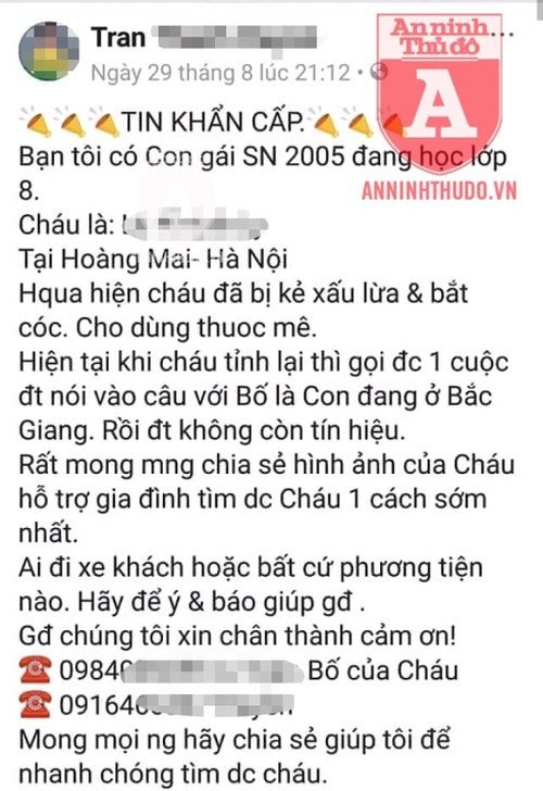 Nóng: Không có sự việc nữ sinh lớp 8 bị đánh thuốc mê, bắt cóc ở Hà Nội!