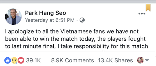 Hàng nghìn lượt like, bình luận trên Facebook giả HLV Park Hang-seo