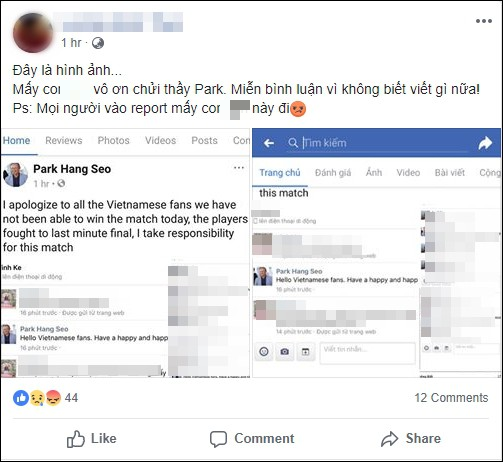Gửi lời xin lỗi nhưng fanpage của HLV Park Hang Seo vẫn nhận hàng loạt bình luận chỉ trích khiếm nhã