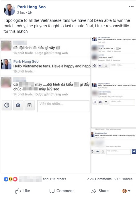 Gửi lời xin lỗi nhưng fanpage của HLV Park Hang Seo vẫn nhận hàng loạt bình luận chỉ trích khiếm nhã