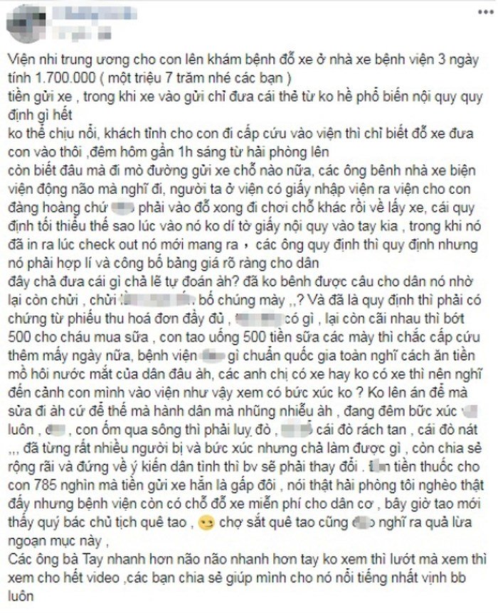 Gửi ô tô 3 ngày ở Bệnh viện Nhi Trung ương mất 1,7 triệu đồng