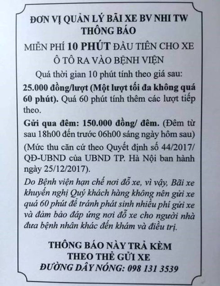 Gửi ô tô 3 ngày ở Bệnh viện Nhi Trung ương mất 1,7 triệu đồng