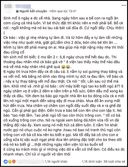 Vợ sinh mổ 5 ngày phải tự chăm con và vệ sinh vết khâu, chồng chẳng thương còn nói một câu đau xé lòng