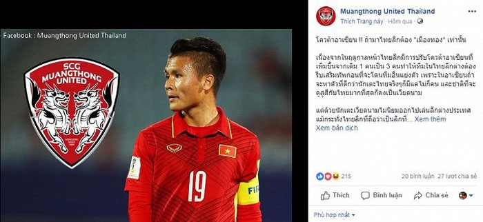 Bác tin gã khổng lồ Thai League muốn chiêu mộ Quang Hải