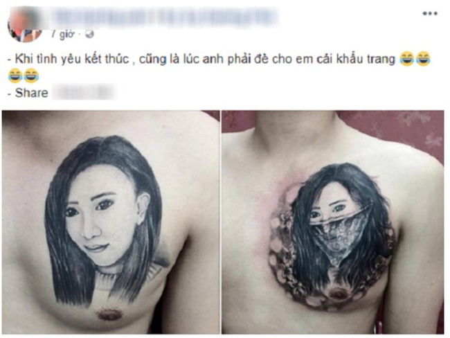 Lúc yêu đương, anh xăm hình bạn gái xinh như hot girl lên ngực, chia tay rồi lại cho nàng đeo khẩu trang