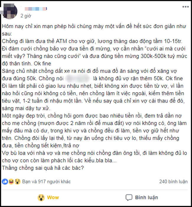 Ấm ức kể khổ vì đưa hết lương cho vợ, lúc cần tiền phải ngửa tay như ăn xin, chồng trẻ khiến MXH dậy sóng