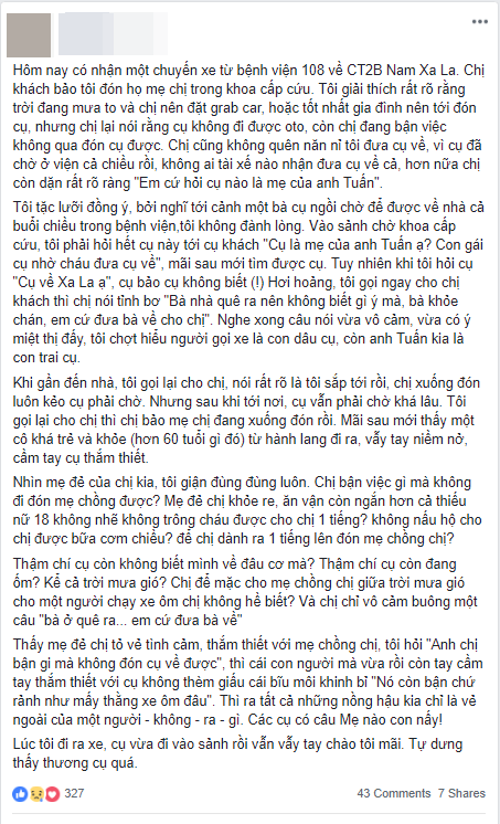 Chuyến xe chở cụ già từ khoa cấp cứu dưới trời mưa và câu nói lạnh nhạt qua điện thoại của cô con dâu khiến tài xế Grabbike xót xa