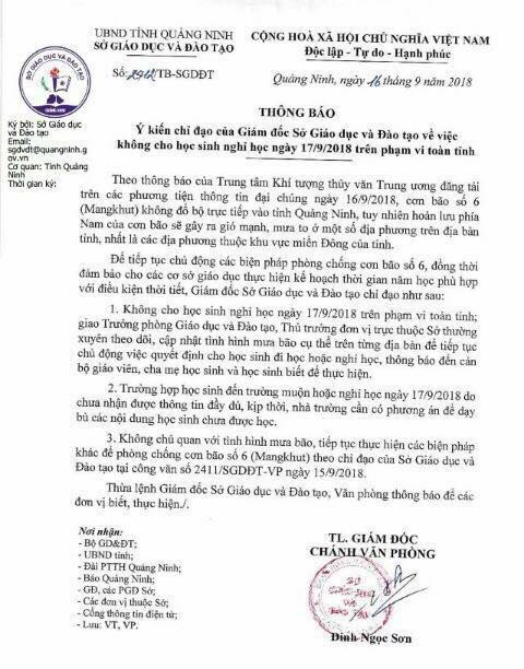 Siêu bão Mangkhut không đổ bộ vào Quảng Ninh, ngày 17/9 học sinh vẫn phải đi học bình thường Siêu bão Mangkhut không đổ bộ vào Quảng Ninh, ngày 17/9 học sinh vẫn phải đi học bình thường
