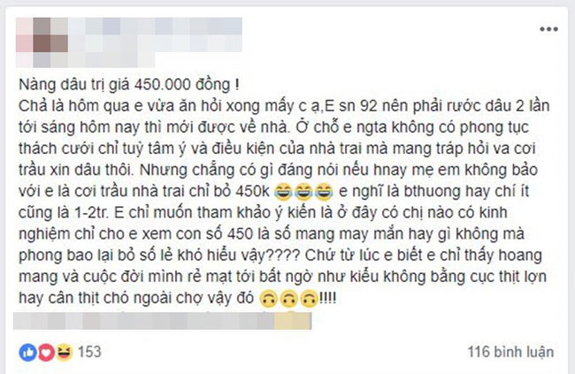 Cô gái than thở nhà trai chỉ bỏ 450k vào lễ ăn hỏi, hội chị em đồng loạt xúm vào khuyên nhủ điều này