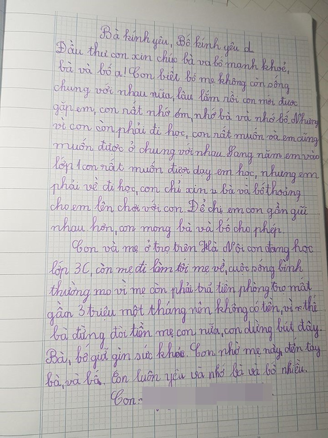 Ứa nước mắt với bức thư của bé gái lớp 3 gửi bố mẹ ly hôn: Con biết bố mẹ không còn sống chung với nhau nữa