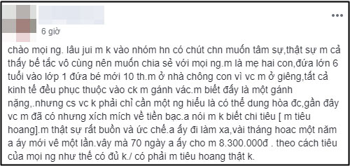 Chi 8 triệu cho ba mẹ con trong 2 tháng vẫn bị chồng chê hoang, hội chị em nhao nhao khuyên vợ trẻ nên đi làm