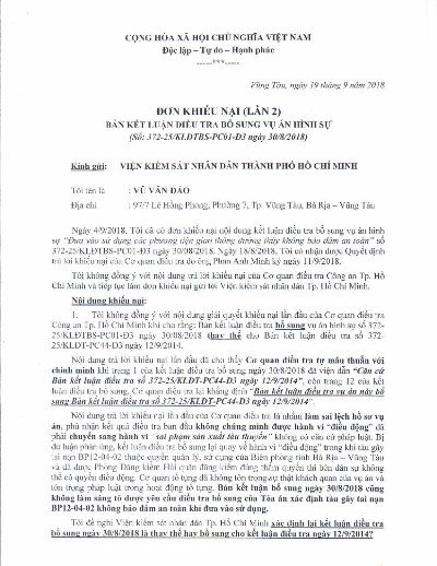 Vụ án chìm ca nô ở Cần Giờ (Tp.HCM): Ông Vũ Văn Đảo khiếu nại lần 2