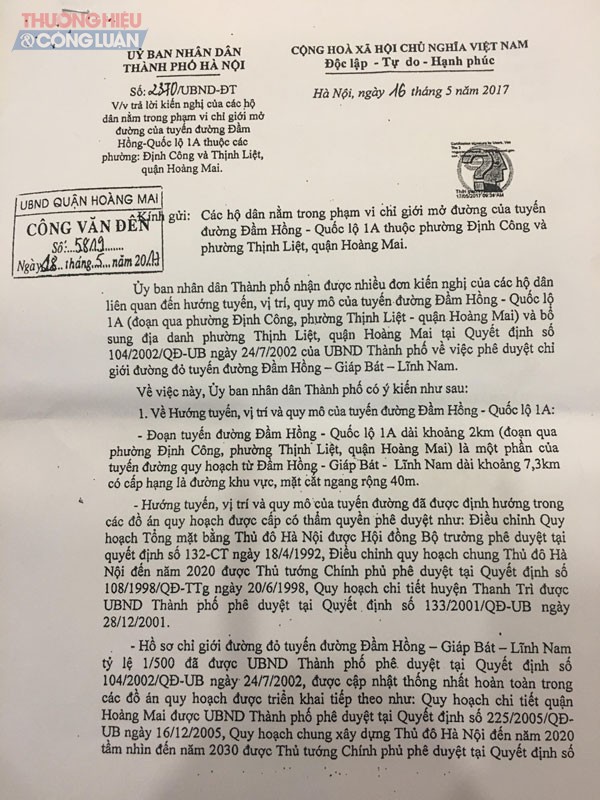 Người dân nghi ngờ pháp lý Dự án đường vành đai 2,5 Định Công, chính quyền nói gì?