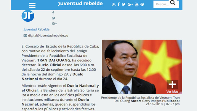 Cuba tổ chức quốc tang tưởng niệm Chủ tịch nước Trần Đại Quang