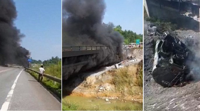 Va chạm với xế hộp trên cao tốc, xe bồn chở dầu lao xuống chân cầu bốc cháy dữ dội