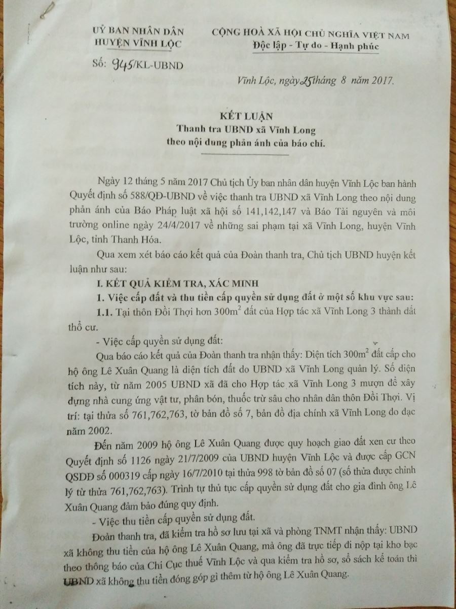 Vĩnh Lộc - Thanh Hóa: Chủ tịch xã sai phạm nghiêm trọng mà chỉ bị cảnh cáo