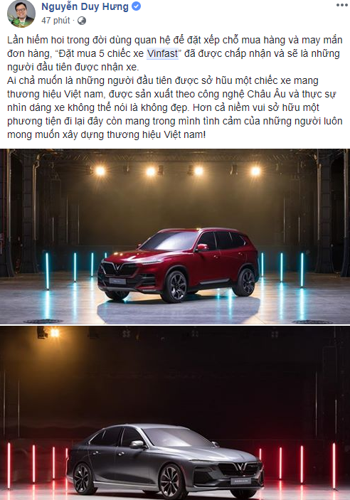 Một người Việt đã đặt mua 5 chiếc xe VinFast và được chấp nhận, sẽ là những người đầu tiên có xe