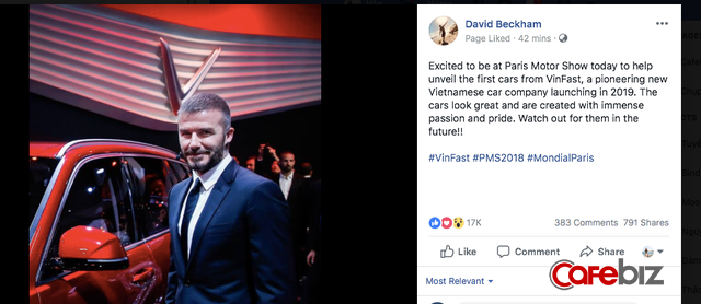 David Beckham vừa đích thân đăng dòng cảm nhận đầu tiên về xe Vinfast trên trang fanpage hơn 50 triệu lượt thích
