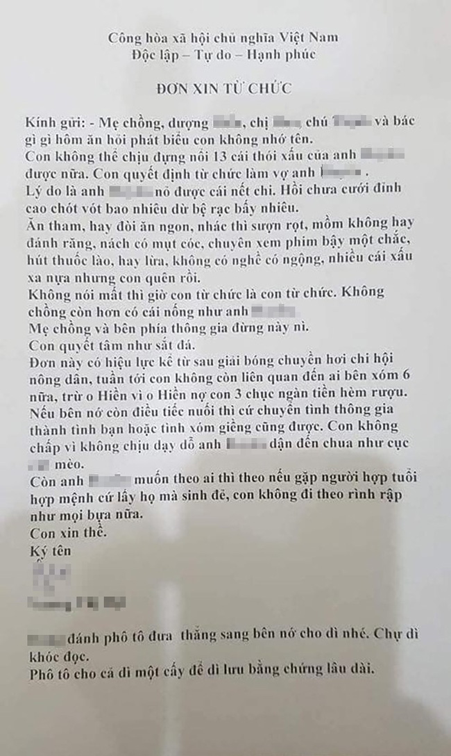 Đơn từ chức vợ gây sốt mạng, kể rõ 13 thói xấu của chồng và không quên nhắc bà cô còn nợ 30k