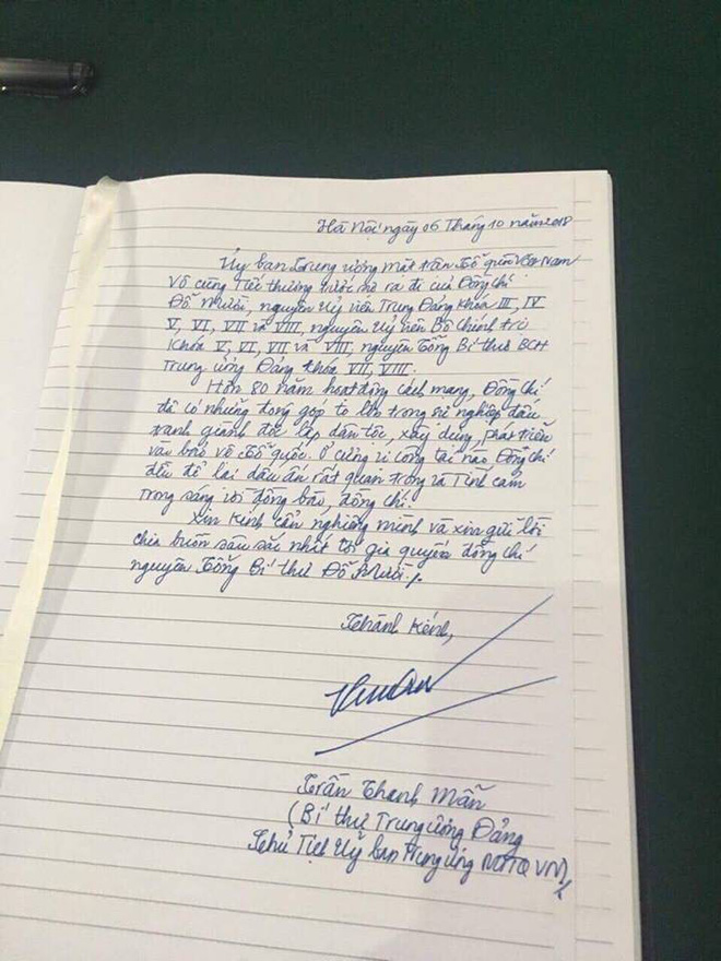 Lời từ biệt xúc động trong sổ tang cố Tổng Bí thư Đỗ Mười