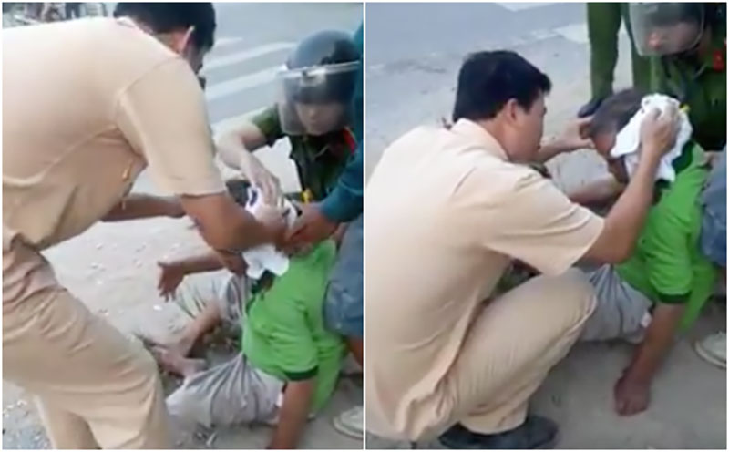 Xúc động hình ảnh chiến sĩ CSGT cởi áo để cầm máu cho người đàn ông bị tai nạn giao thông