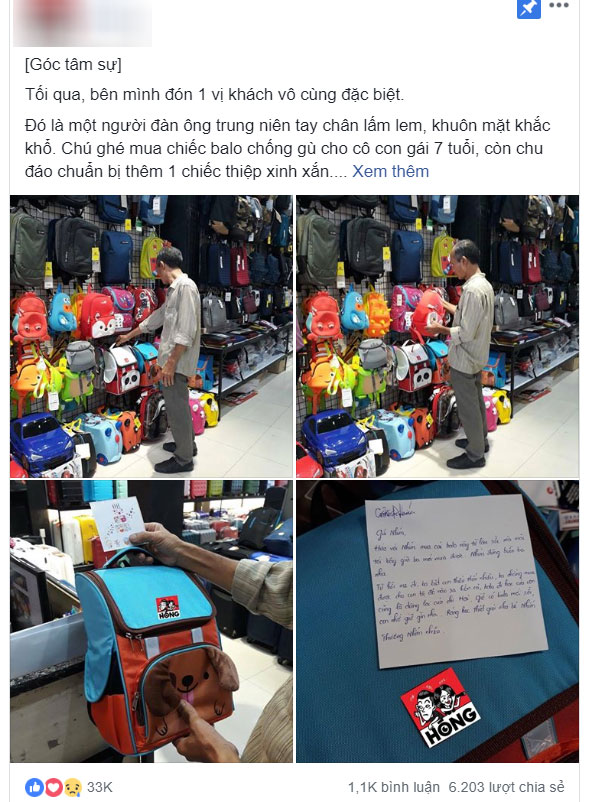 Xúc động người cha tay chân lấm lem đến mua balo rồi nhờ nhân viên viết thiệp gửi con gái từ hồi mẹ đi, ba biết con thiếu thốn nhiều…