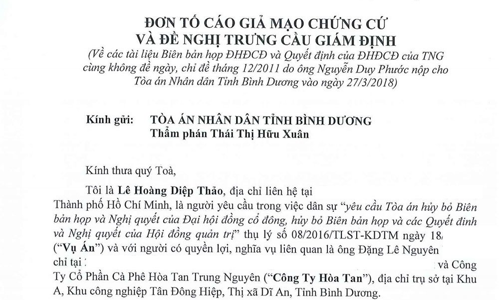 Bà Diệp Thảo tố cáo hình sự vụ tranh chấp tại Trung Nguyên