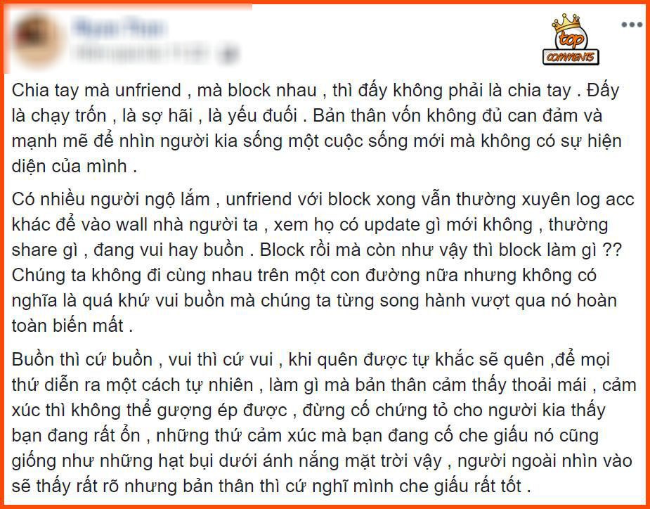 Quan điểm gây tranh cãi: Chia tay mà block Facebook là yếu đuối, sợ hãi, trốn chạy!