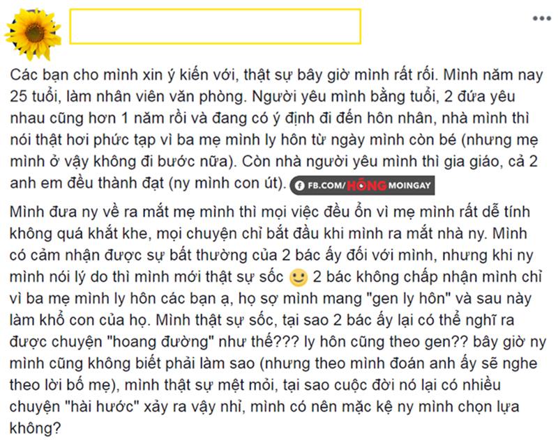 Cô gái cay đắng khi gia đình người yêu phản đối vì sợ mang gen ly hôn
