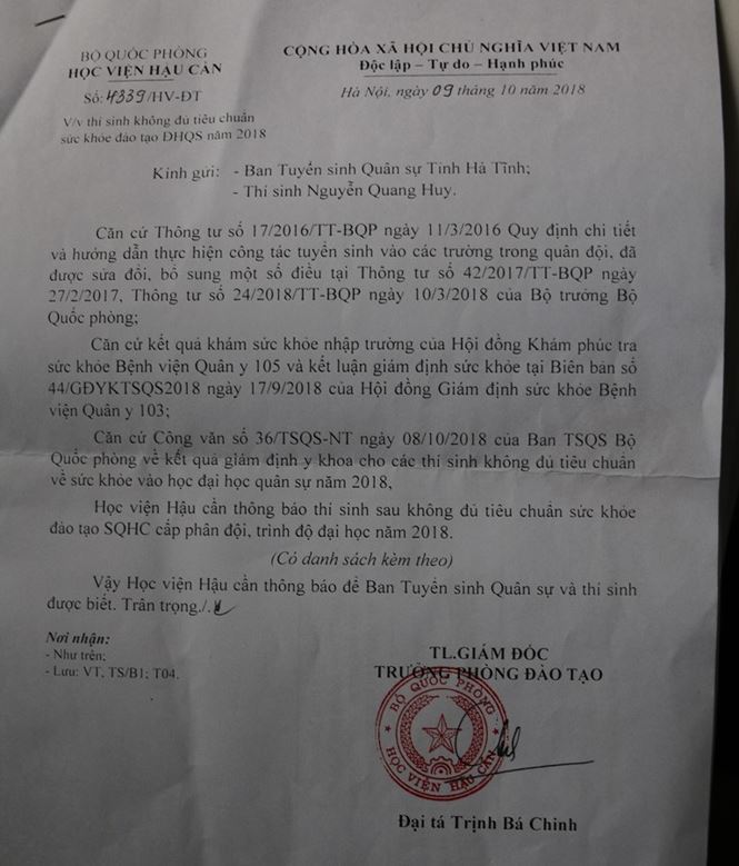 Tỉnh đội Hà Tĩnh lên tiếng vụ nam sinh bị Học viện Hậu cần trả về