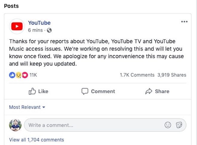 YouTube sập toàn cầu: Dân mạng VN hoang mang, YouTube lên Facebook xin lỗi