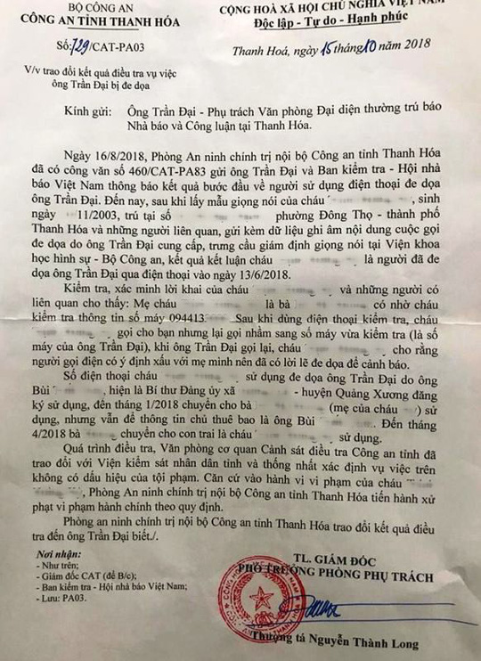 Bất ngờ với người gọi điện dọa giết Phụ trách Văn phòng Báo Nhà báo và Công luận