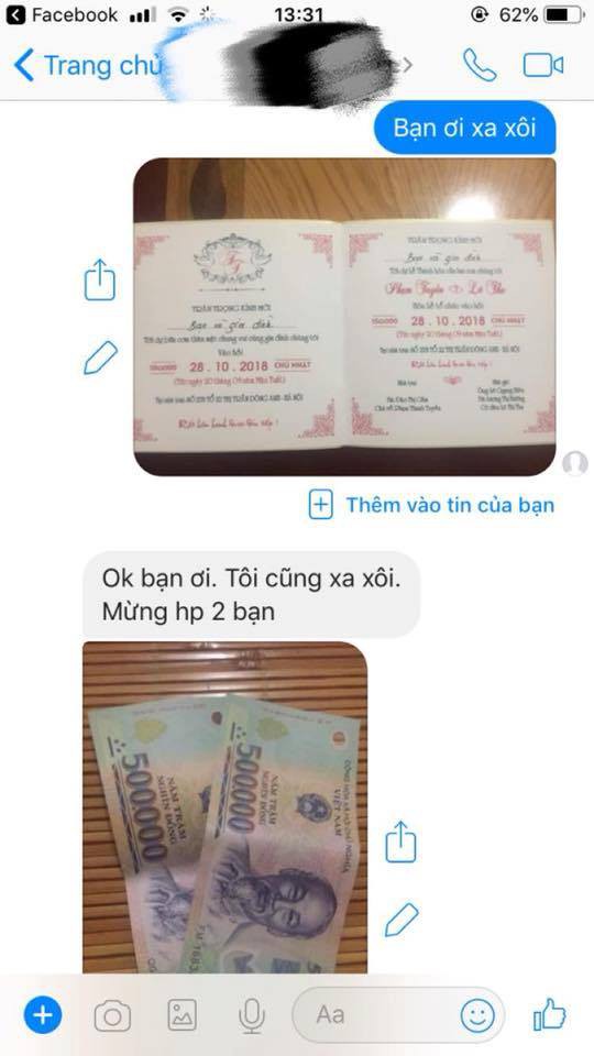 Nhận được thiệp mời cưới qua inbox, bạn cũ liền gửi tiền mừng bằng ảnh minh hoạ