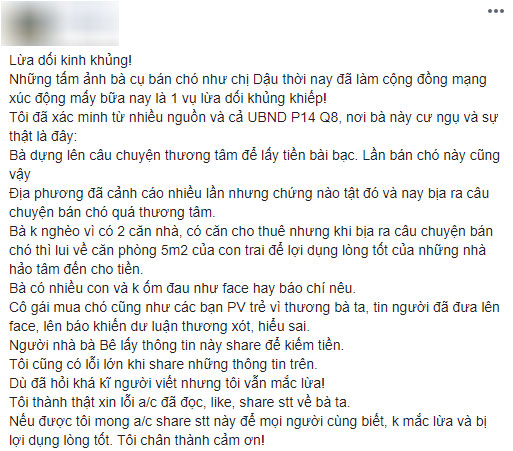 Câu chuyện cụ bà bán chó lấy tiền mua thuốc bất ngờ xuất hiện nhiều thông tin trái chiều khiến MXH hoang mang